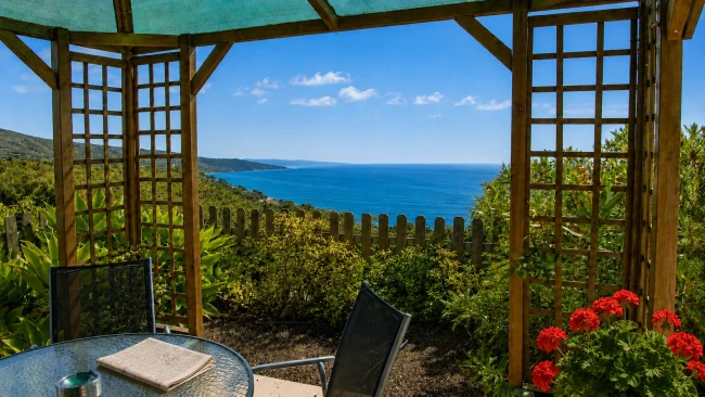 Ausblick von der Veranda im Jardín de Aridane auf La Palma